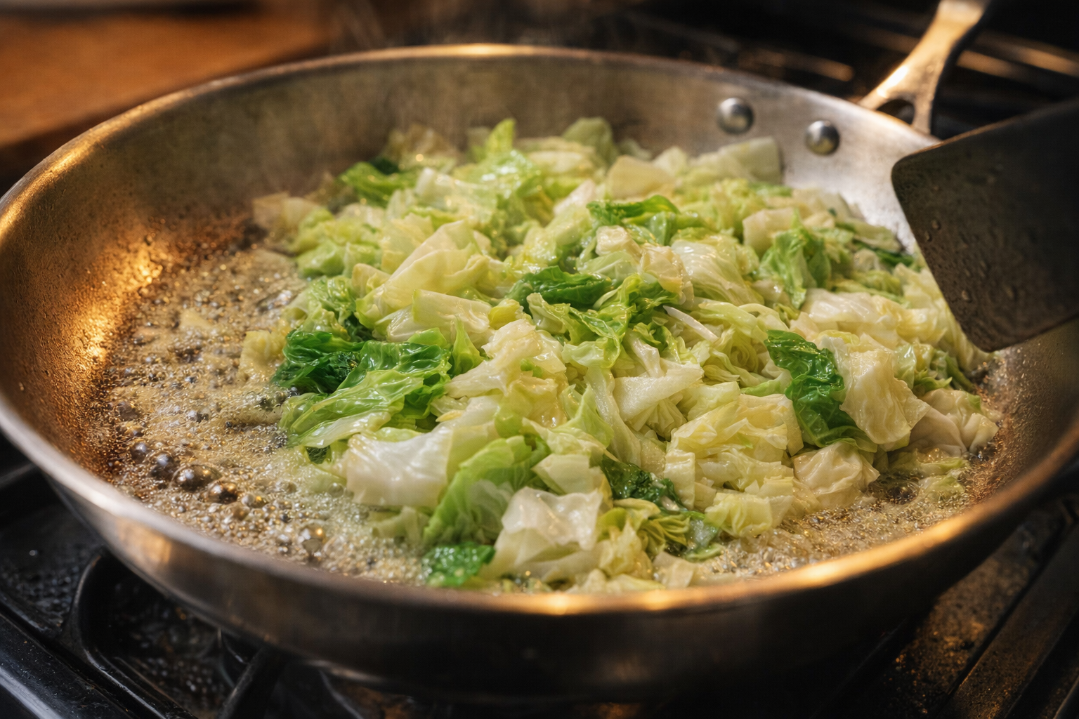 Close-up shot of sautéing cabbage in a stainless steel pan, butter sizzling, vibrant green and white colors, warm light from the stove
